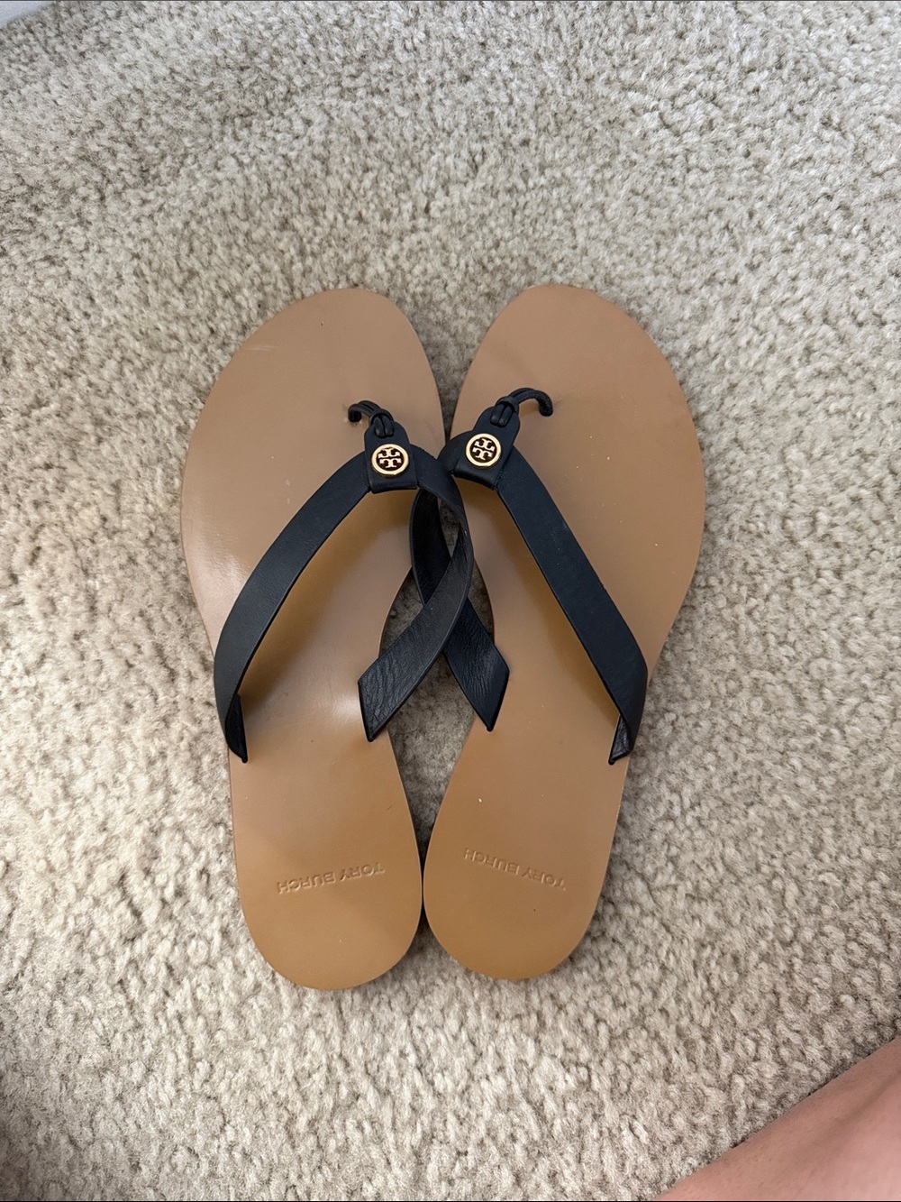 Tory Burch Black Leather Strap Tan Footbed Flip Flop Sandals
